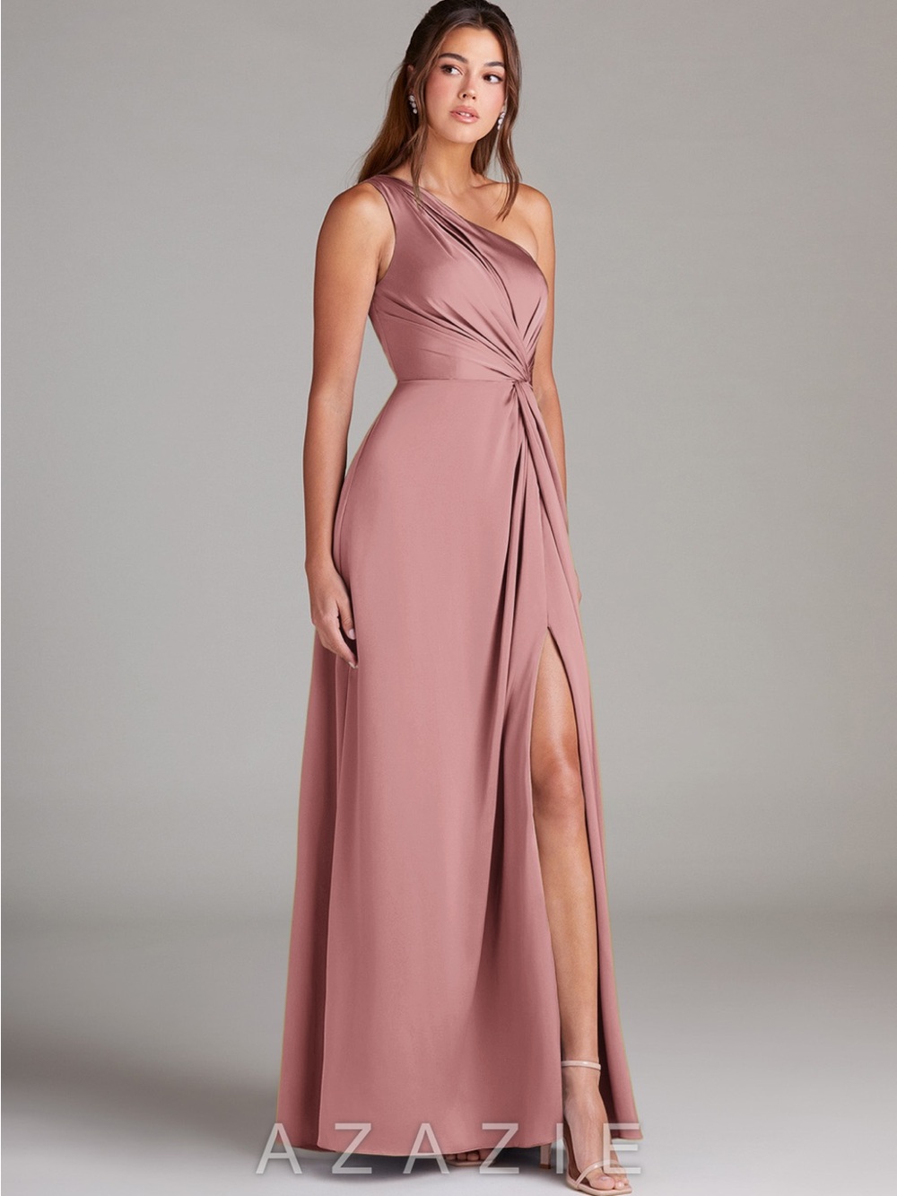 Azazie One-Shoulder Rose Mauve Knot-Waist Evening Gown